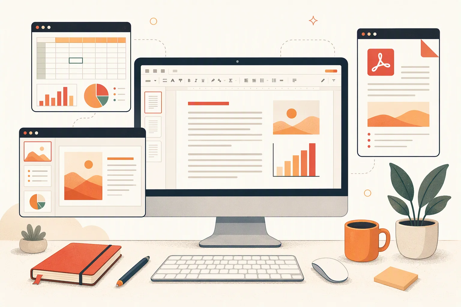 WPS Office 文字表格演示多组件协同办公场景插画